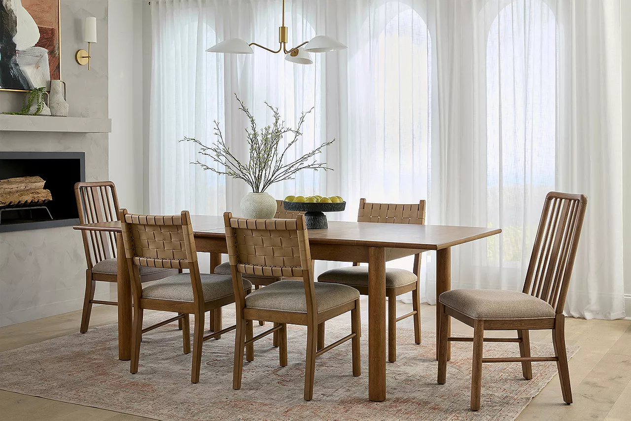 Image of Davenport dining collection featuring the table with woven back chairs and slat back chairs 
